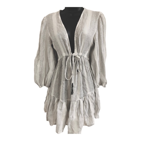 Blue Island white silver metallic low cut blouson sleeve embroidered mini dress - Picture 7 of 16